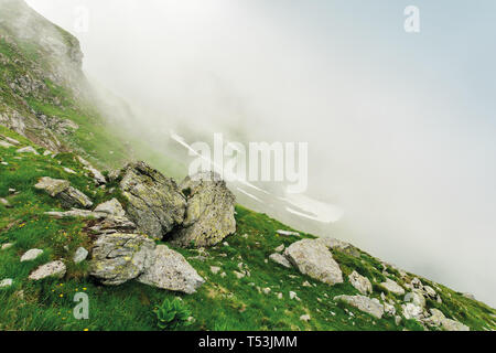 hiking uphill in the fog. huge boulders on a grassy slope. mysterious nature scenery. bad weather condition. extreme tourism concept Stock Photo