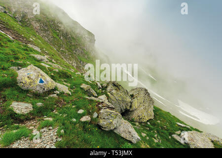 hiking uphill in the fog. huge boulders on a grassy slope. mysterious nature scenery. bad weather condition. extreme tourism concept Stock Photo