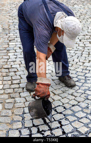 Pouring molten pitch from a tar bucket. Traditional pitch ...