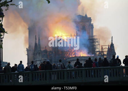 *** FRANCE OUT / STRICTLY NO SALES TO FRENCH MEDIA *** April 15, 2019 - Paris, France: Parisians on a bridge watch as a large fire burns in Notre Dame cathedral of Paris. Stock Photo