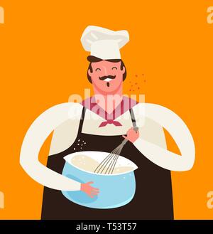 Chef or baker whips dough in kitchen. Cooking vector illustration Stock Vector