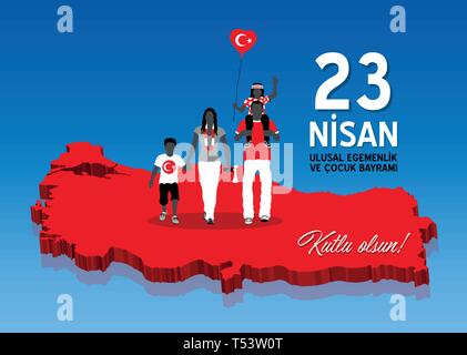 April 23 celebration over a Turkey map with Turkish family. All the objects are in different layers and the text types do not need any font. Stock Vector