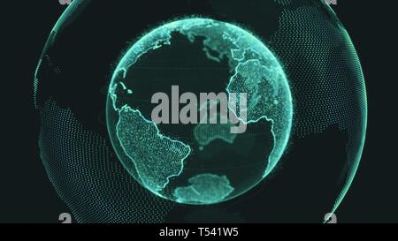 Earth rotating loop of rotating glowing dots stylised world globe with orbits Stock Photo
