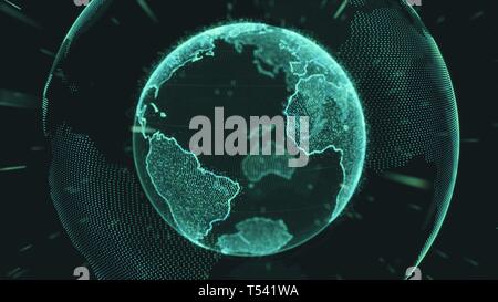 Earth rotating loop of rotating glowing dots stylised world globe with orbits Stock Photo