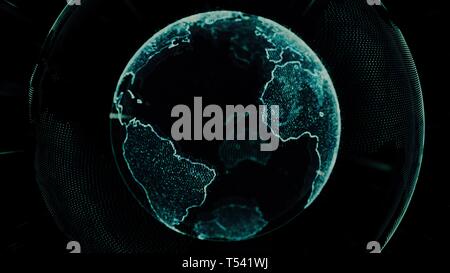 Earth rotating loop of rotating glowing dots stylised world globe with orbits Stock Photo