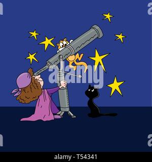 Cartoon astrologer looking at the star positions in the sky with a telescope at night time vector illustration Stock Vector