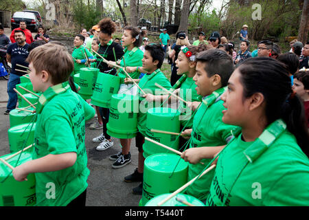 Students from Wellstone School in the Drumline with Menards green pails at the Cinco de Mayo Parade. St Paul Minnesota MN USA Stock Photo