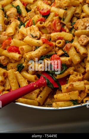 Italian rigatoni pasta chicken vegetable alfredo with sliced cherry tomatoes in serving pot Stock Photo