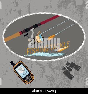 spinning with the coil and baubles with hooks. Stylized wave of water. For fishermen and shop, vector illustration Stock Vector