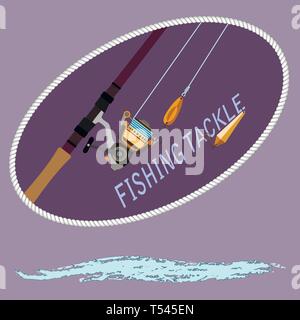 spinning with the coil and baubles with hooks. Stylized wave of water. For fishermen and shop, vector illustration Stock Vector