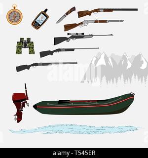 A set of items for an active lifestyle. For hunting and hiking in nature in a good company of like-minded people. Stock Vector