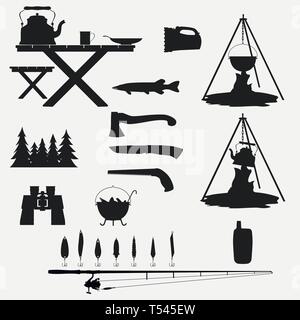 Set of silhouettes for an active lifestyle. For tourism and nature trips in good company of friends. Stock Vector