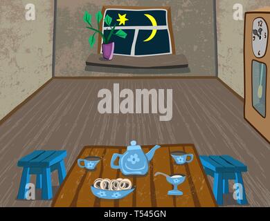 Cozy warm room. In the window, the star and the moon. On the table are a teapot, cups, a plate with donuts. Stock Vector