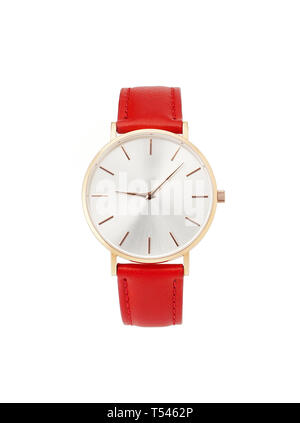 Classic women's gold watch with white dial, red leather strap, isolate on a white background. Front view. Stock Photo