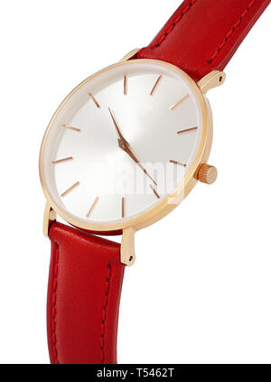 Classic women's gold watch with white dial, red leather strap, isolate on a white background. Isometric view.