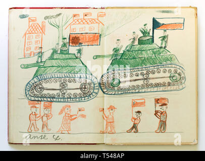 Liberation of Czechoslovakia by the Red Army in 1945 depicted in the child's drawing by the 3rd grade boy Ladislav Antl from the town of Tišnov in South Moravia, Czechoslovakia, published in the Czechoslovak book 'How the Red Army Has Liberated Me' ('Jak mě osvododíla Rudá armada') dated from 1953. Stock Photo