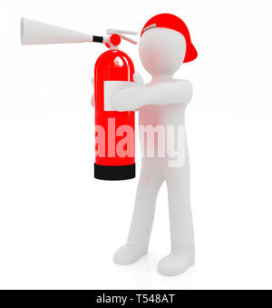 3d man with red fire extinguisher on a white background Stock Photo