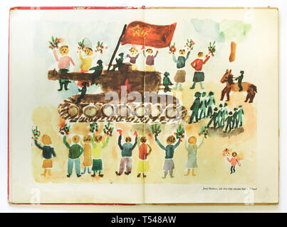 Liberation of Czechoslovakia by the Red Army in 1945 depicted in the child's drawing by the 3rd grade boy Josef Borkovec from the town of Tišnov in South Moravia, Czechoslovakia, published in the Czechoslovak book 'How the Red Army Has Liberated Me' ('Jak mě osvododíla Rudá armada') dated from 1953. Stock Photo