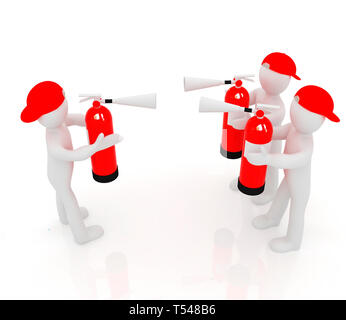 3d mans with red fire extinguisher. The concept of confrontation on a white background Stock Photo