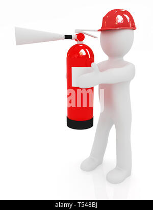 3d man in hardhat with red fire extinguisher on a white background Stock Photo