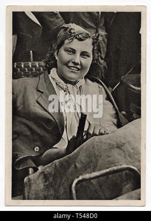 Unidentified Red Army female soldier pictured in the black and white photograph by an unknown photographer taken probably in Prague, Czechoslovakia, in May 1945 and issued in the Czechoslovak vintage postcard in 1945. Courtesy of the Azoor Postcard Collection. Stock Photo