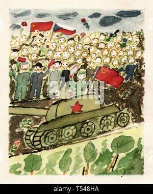Liberation of Czechoslovakia by the Red Army in 1945 depicted in the child's drawing by 9-year-old boy Pavel Zahořík from the village of Čebín in South Moravia, Czechoslovakia, published in the Czechoslovak book 'How the Red Army Has Liberated Me' ('Jak mě osvododíla Rudá armada') dated from 1953. Stock Photo