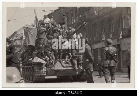 Red Army tank T-34 in Prague, Czechoslovakia, on 9 May 1945. Black and white vintage photograph by an unknown photographer taken in May 1945. Courtesy of the Azoor Photo Collection. Stock Photo