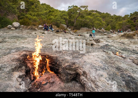 Flames of Chimera Mount from the underground. Fire from the natural gas in the rocks in Cirali, Turkey. Stock Photo