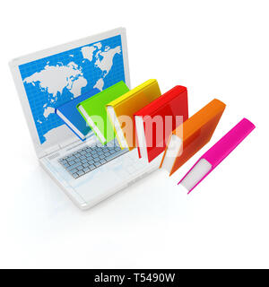 Colorful books flying and laptop on a white background Stock Photo