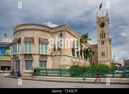 West Wing and Clock Tower of the Parliament Buildings in Bridgetown, Barbados Stock Photo