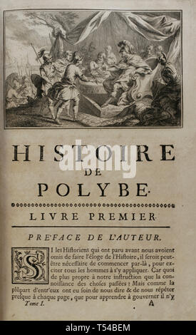 History by Polybius. Volume I. French edition translated from Greek by Dom Vincent Thuillier. Comments of Military Science enriched with critical and historical notes by M. De Folard. Paris, chez Pierre Gandouin, Julien-Michel Gandouin, Pierre-Francois Giffart and Nicolas-Pierre Armand, 1727. Printing by Jean-Baptiste Lamesle. 'Traite de La Colonne' (Treaty of the Column). How to form and fight in it. Foreword by the author. Stock Photo