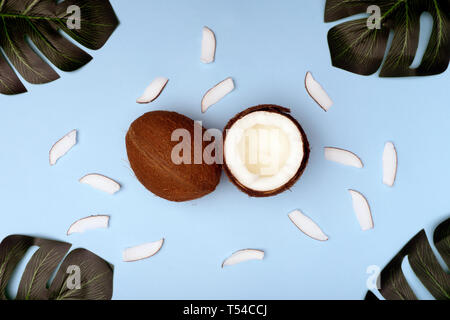 Creative flat lay top view of monstera leaves and coconuts on bright blue background. Minimal tropical plants summer concept Stock Photo