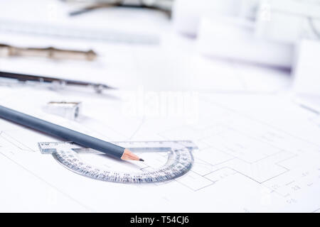 Tools for drawing drawings on drawing details. Design and working drawings with pencils, rule and compasses. School and office supplies frame. selecti Stock Photo
