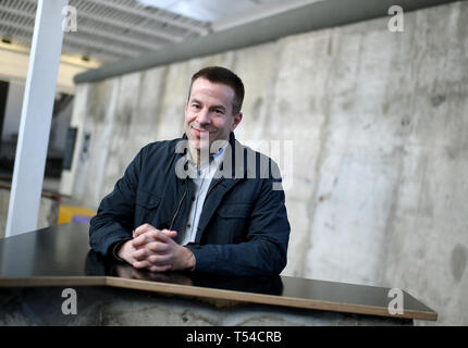 Berlin, Germany. 10th Apr, 2019. Managing Director Quirin Graf Adelmann in the exhibition 'Nineties Berlin' in the Alte Münze. Credit: Britta Pedersen/dpa-Zentralbild/dpa/Alamy Live News Stock Photo