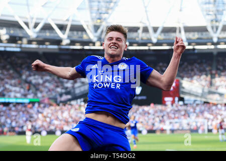 London, UK. 20th Apr, 2019. London, UK. 20th April, 2019  Harvey Barnes of Leicester City celebrates scoring his sides second goal  during the Premier League match between West Ham United and Leicester City at the Boleyn Ground, London on Saturday 20th April 2019. (Credit: Leila Coker | MI News)   Editorial use only, license required for commercial use. No use in betting, games or a single club/league/player publications. Photograph may only be used for newspaper and/or magazine editorial purposes. Credit: MI News & Sport /Alamy Live News Stock Photo
