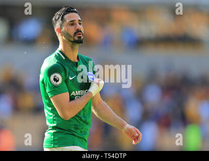 Wolverhampton, UK. 20th Apr, 2019. Beram Kayal of Brighton and Hove Albion gestures toward the Brighton and Hove Albion fans Credit: Paul Roberts/OneUpTop/Alamy Live News