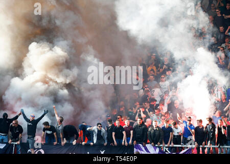 Groningen, Nederland. 20th Apr, 2019. GRONINGEN, 20-04-2019, Euroborg, Dutch Eredivisie season 2018/2019, fireworks fans Groningen during the match FC Groningen - Ajax Credit: Pro Shots/Alamy Live News Stock Photo