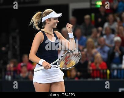 London, UK. 20th April, 2019. Stratford, London, UK. 20th Apr, 2019Katie Boulter (Great Britain) celebrates. Rubber 2. Great Britain v Kazakhstan. World group II play off in the BNP Paribas Fed Cup. Copper Box arena. Queen Elizabeth Olympic Park. Stratford. London. UK. 20/04/2019. Credit: Sport In Pictures/Alamy Live News Credit: Sport In Pictures/Alamy Live News Stock Photo