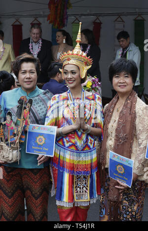 New York, USA. 20th Apr, 2019. Woodside Avenue, New York, USA, April 20, 2019 - Hundreds of members of the Thai community of New York celebrated Songkran, or Thai New Year today in Elmhurst Queens with traditional dance groups, traditional Food and Thai music.Photo: Luiz Rampelotto/EuropaNewswire Credit: Luiz Rampelotto/ZUMA Wire/Alamy Live News Stock Photo