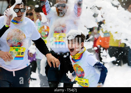 Bucharest, Romania. 20th Apr, 2019. People participate in a color run event in Bucharest, Romania, on April 20, 2019. Credit: Cristian Cristel/Xinhua/Alamy Live News Stock Photo