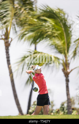 Nelly Korda hits her tee shot during a practice round prior to the ...