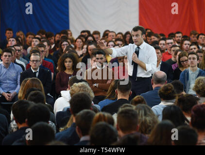 *** FRANCE OUT / STRICTLY NO SALES TO FRENCH MEDIA *** February 07, 2019 - Etang-sur-Arroux, France: French President Emmanuel Macron takes part in a meeting with a thousand young people, mostly high school students, as part of his 'Grand Debat' initiative. This initiative consists of a series of meeting with local representatives and different sectors of the French society aimed at appeasing the Yellow Vest crisis. Le president Emmanuel Macron intervient lors d'une reunion avec pres d'un millier de jeunes organisee dans le cadre du Grand Debat national. Stock Photo