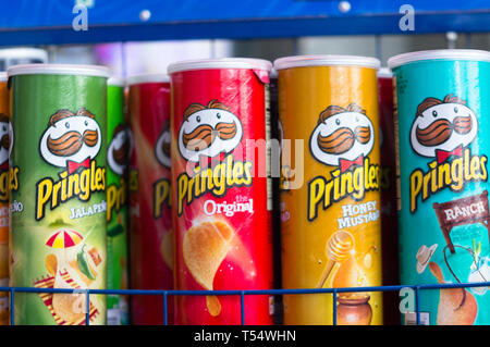 Colorful packaging of the top chip FMCG brands in indian retail stores  Stock Photo