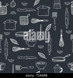 Hand drawn kitchenware seamless pattern on a chalkboard background. Sketch style. Vector Illustration. Stock Vector