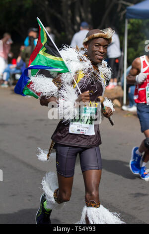 Zulu clothing and SA Flag, Running the Two Oceans Ultra Marathon Stock Photo