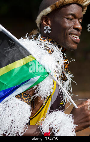 Zulu clothing and SA Flag, Running the Two Oceans Ultra Marathon Stock Photo