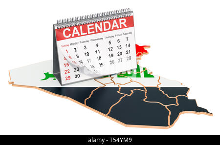 Desk calendar on the map of Iraq. 3D rendering isolated on black background Stock Photo