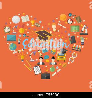 Education,knowlege icon set in heart symbol in flat style Stock Vector