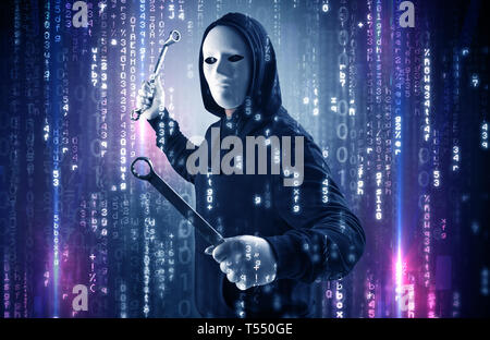 Masked and armed anonymous hacker breaking in cyber security cloud data concept  Stock Photo