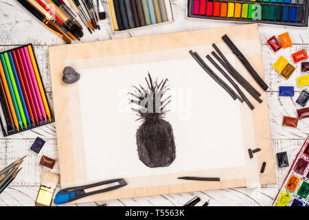 Charcoal sketch of a pineapple Stock Photo